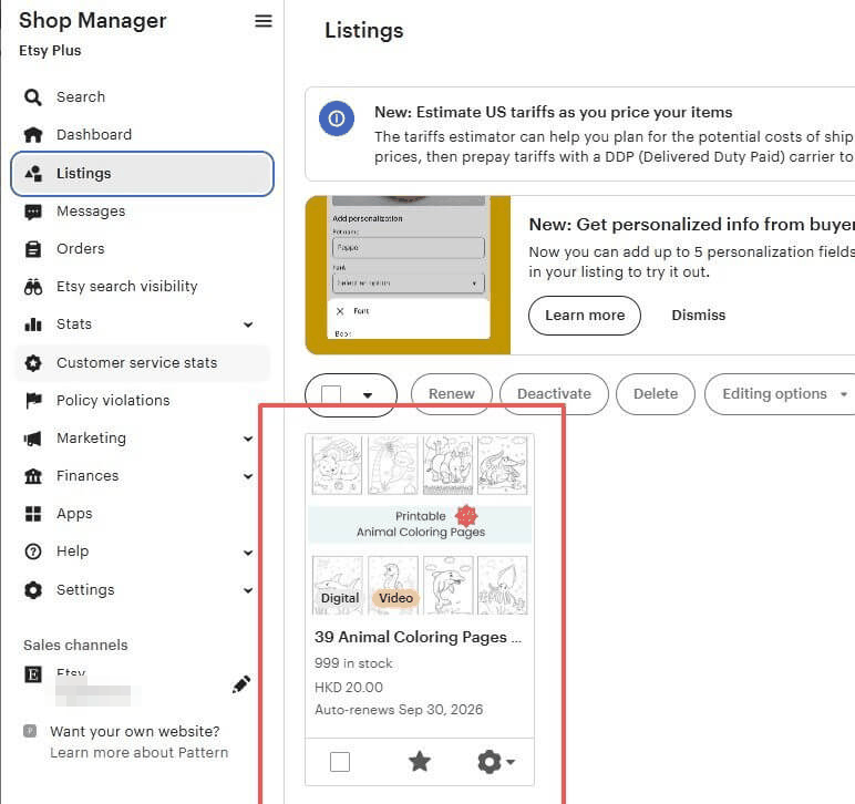 Etsy卖家后台Shop Manager的listing管理页,商品库存999、自动续期