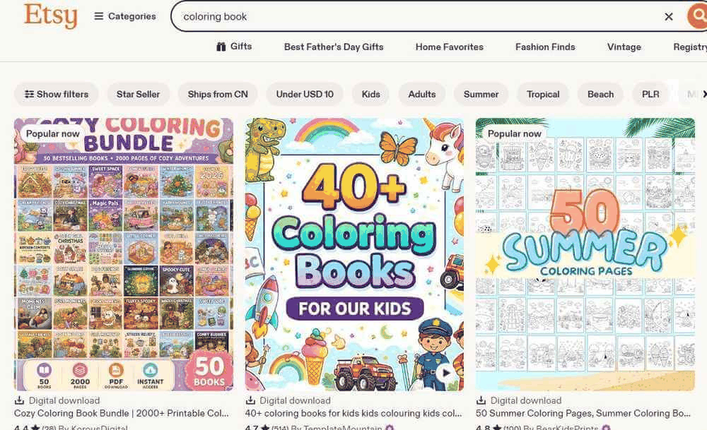 Etsy搜索coloring book的结果页,涂色书合集单品评价数上千、标注Popular now