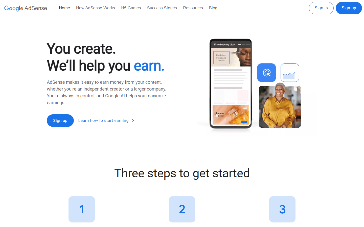 Google AdSense官网首页,CPC按点击付费和CPM按展示付费的广告联盟