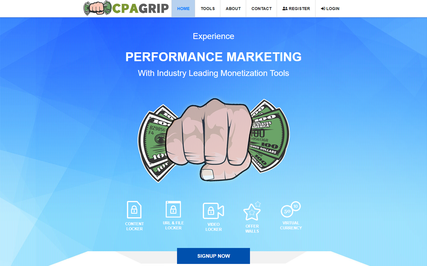 CPAGrip官网首页，主打效果营销和变现工具，下面一排是它提供的五种工具：内容锁、链接与文件锁、视频锁、任务墙、虚拟货币