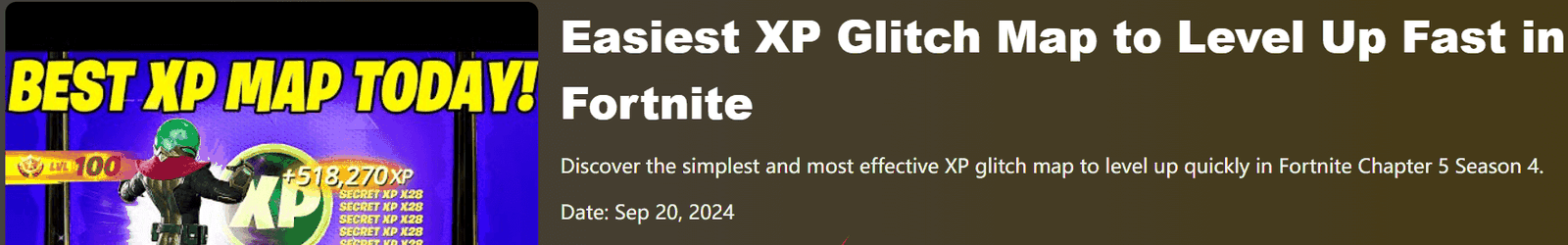 CPAlead落地页详情：标题Easiest XP Glitch Map to Level Up Fast in Fortnite，配封面图、英文描述和日期Sep 20 2024