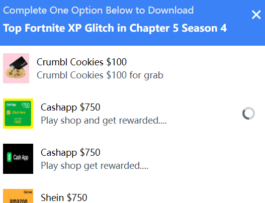 CPAlead内容锁弹窗：标题Complete One Option Below to Download，下面列着Crumbl Cookies 100美元、Cashapp 750美元、Shein 750美元等多个可选任务