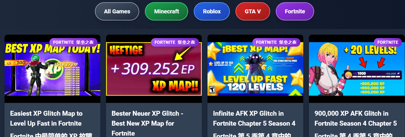 CPAlead游戏素材库：顶部按All Games、Minecraft、Roblox、GTA V、Fortnite分类，下面是各种XP升级技巧的落地页封面