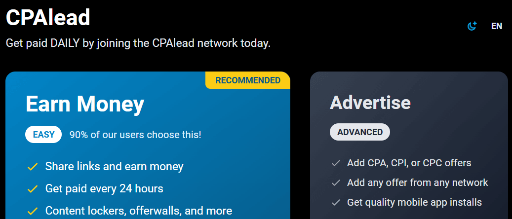 CPAlead官网首页：左侧Earn Money推广者身份标注90%的用户选这个、24小时结一次款，右侧Advertise是广告主身份