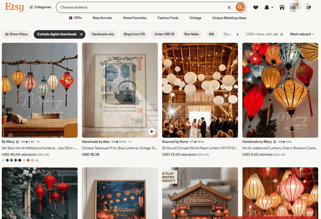 Etsy搜中国灯笼的实物商品结果,标价从5美元到72美元不等