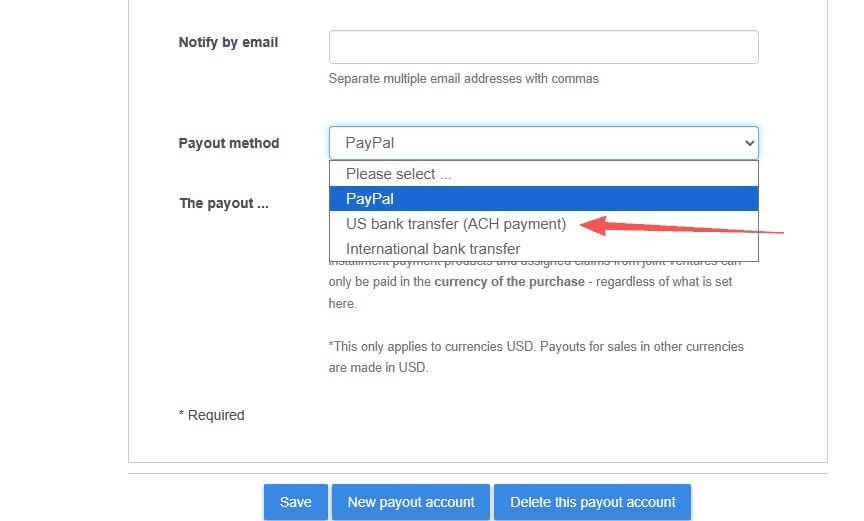 Digistore24后台的收款方式设置,可以选银行转账或PayPal