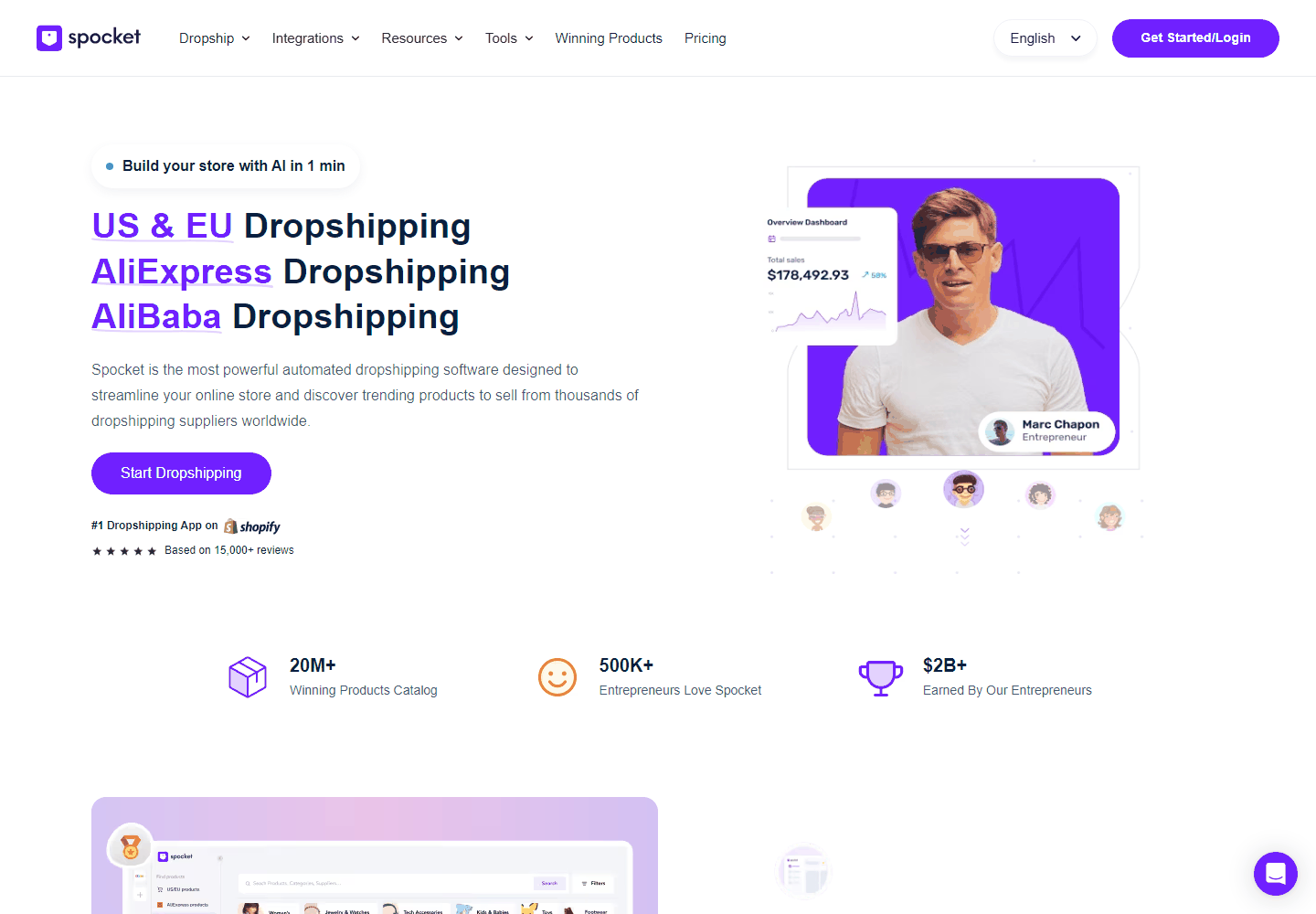 Spocket官网首页,欧美本地Dropshipping供应商平台,展示2000万种可选商品