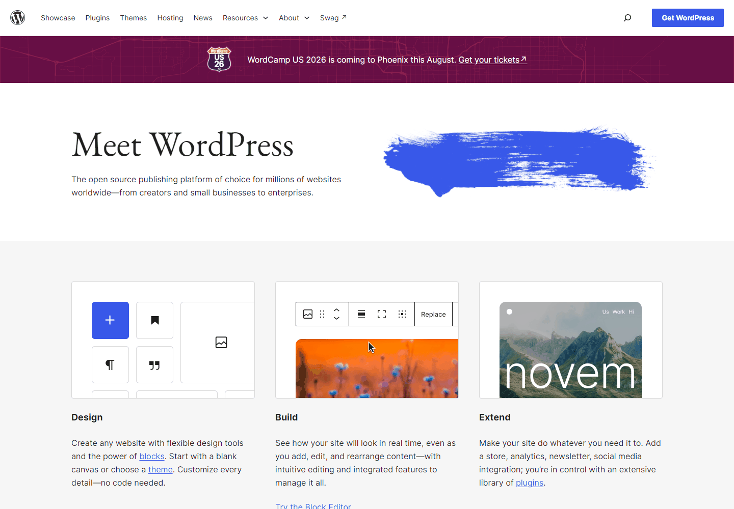 WordPress官网首页，做内容站和联盟站最常用的免费开源建站程序