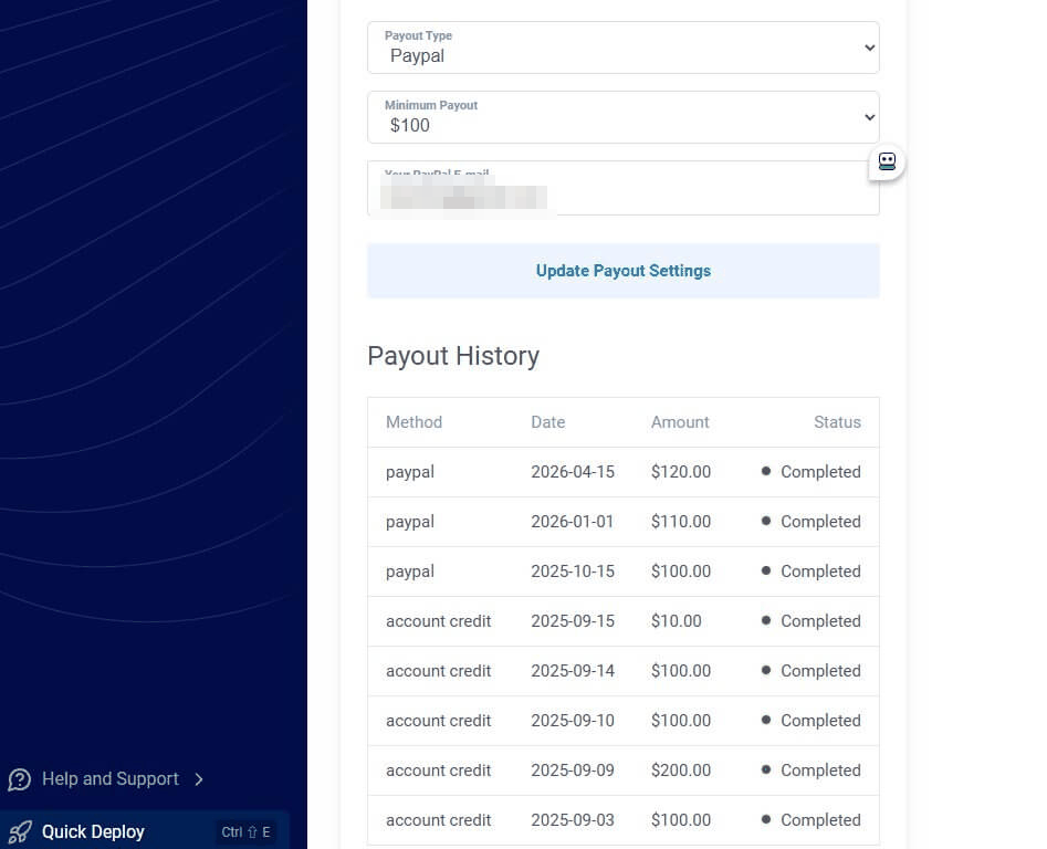 独立站联盟营销PayPal收款历史记录,每月稳定到账100到200美金