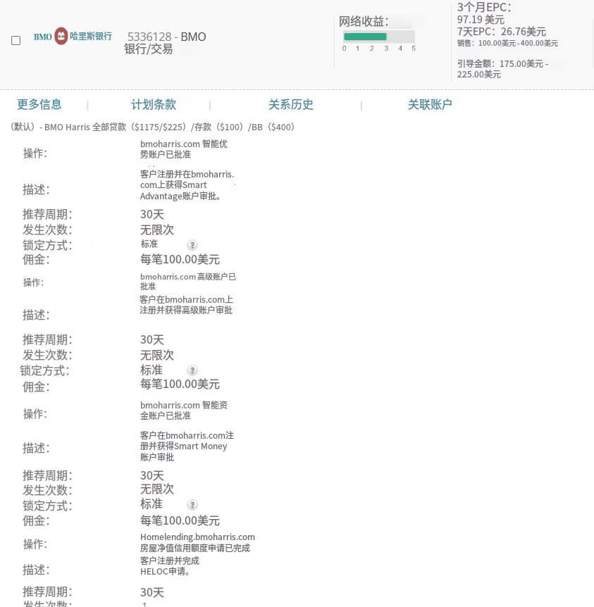 BMO哈里斯银行联盟计划详情,开户类动作每笔100美元佣金