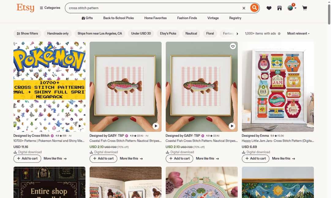 Etsy搜cross stitch pattern的结果页