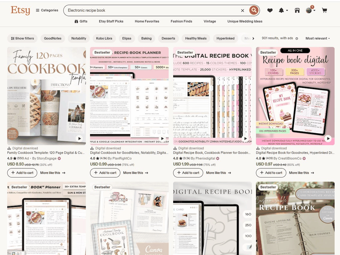 Etsy上在卖的电子食谱书digital recipe book