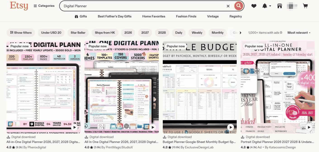 Etsy上搜索digital planner的热销商品，单品定价10到100美元、评价数上千条