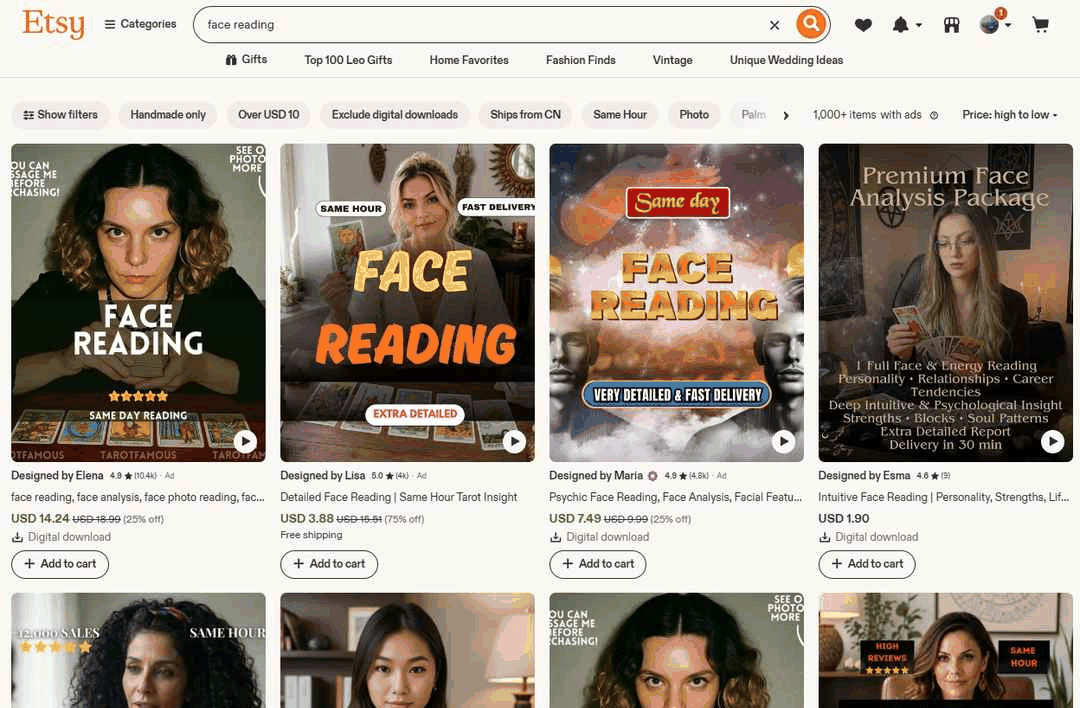 文化出海项目:Etsy上搜索face reading的商品列表,售价1.9到14.24美金,评价数上万条