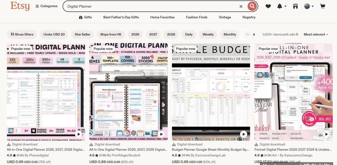 Etsy搜索Digital Planner可打印模板的结果页,上千个数字下载商品,卖家评价数上万条