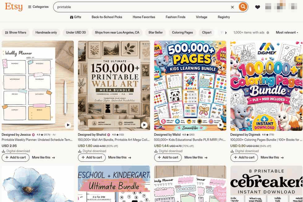 Etsy搜索printable可打印数字产品的商品列表和价格,从0.9美元到2.95美元