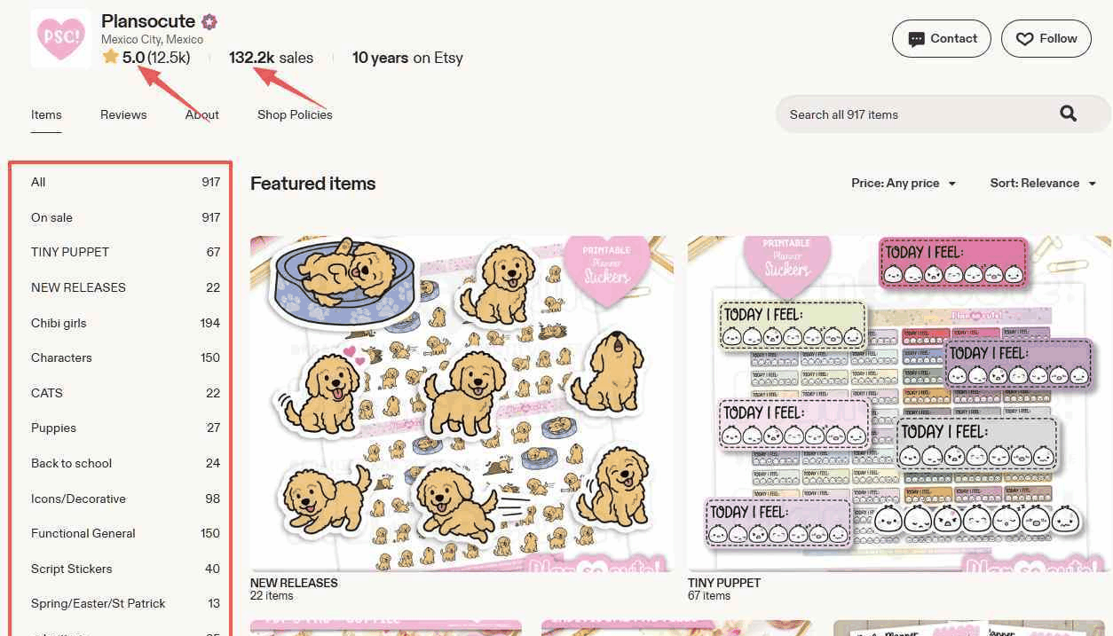 Etsy店铺Plansocute主页:5.0评分12.5k条评价,132.2k销量,开店10年,917件可打印贴纸商品在售