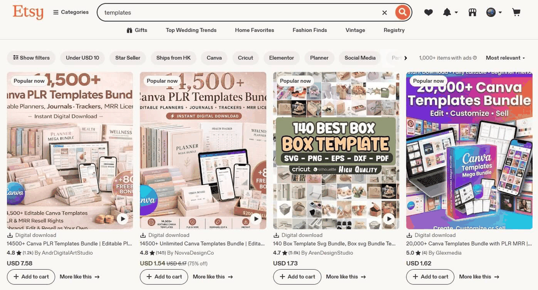Etsy上搜templates出来的数字产品,Canva模板合集标价1.5到7.6美元,标着即时下载