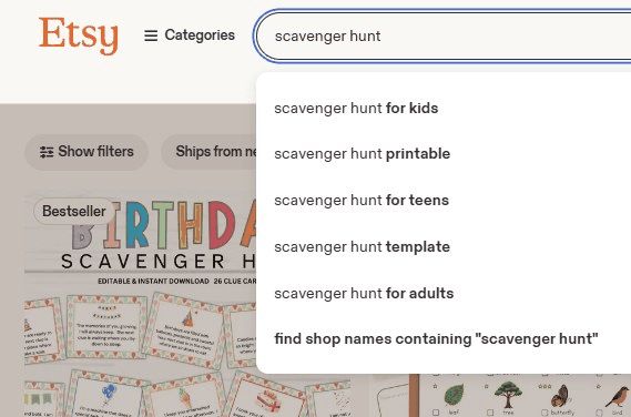 Etsy搜索框输入scavenger hunt后弹出的联想词，for kids、printable、for teens、template、for adults
