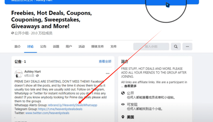 Facebook优惠券大群的公告页:20万位成员,群介绍里说明群内所有链接均为推广链接,欢迎成员分享优惠信息