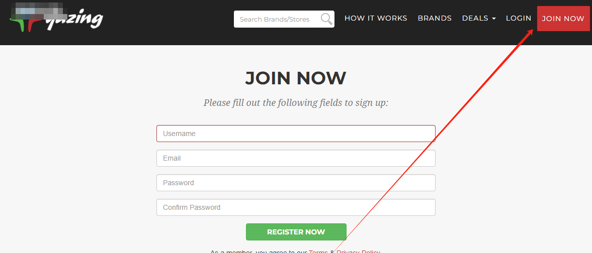 Yazing注册页:右上角JOIN NOW按钮,表单需要填Username用户名、Email邮箱、Password密码和确认密码,底部是REGISTER NOW注册按钮