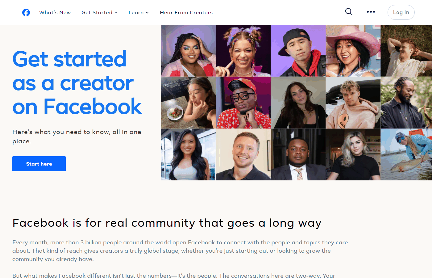 Facebook创作者官方入口页面,介绍普通人怎么在Facebook做内容