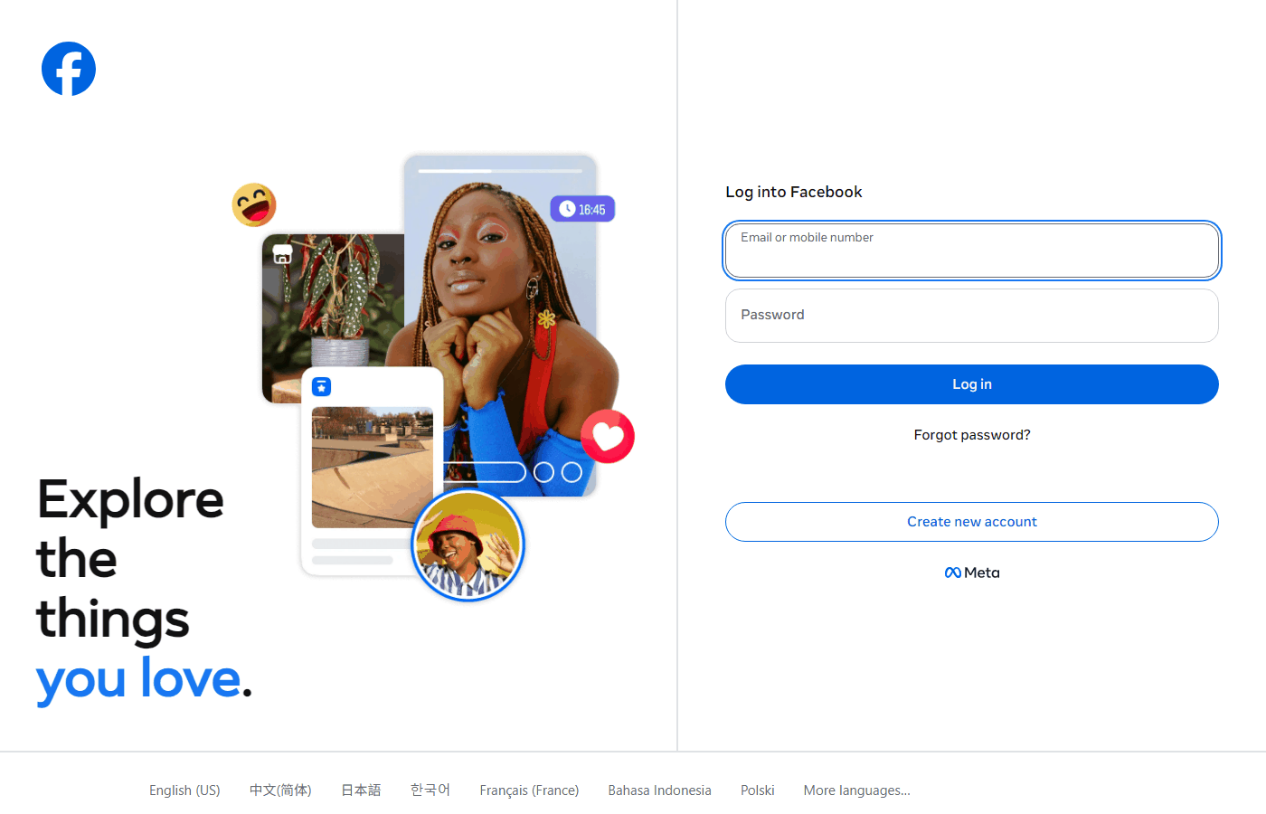 Facebook官网首页,注册账号后可创建用来发帖赚钱的公共主页