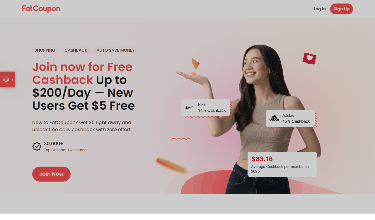 FatCoupon返利网首页,Nike 14%、Adidas 15%返利,会员年均返83.16美元