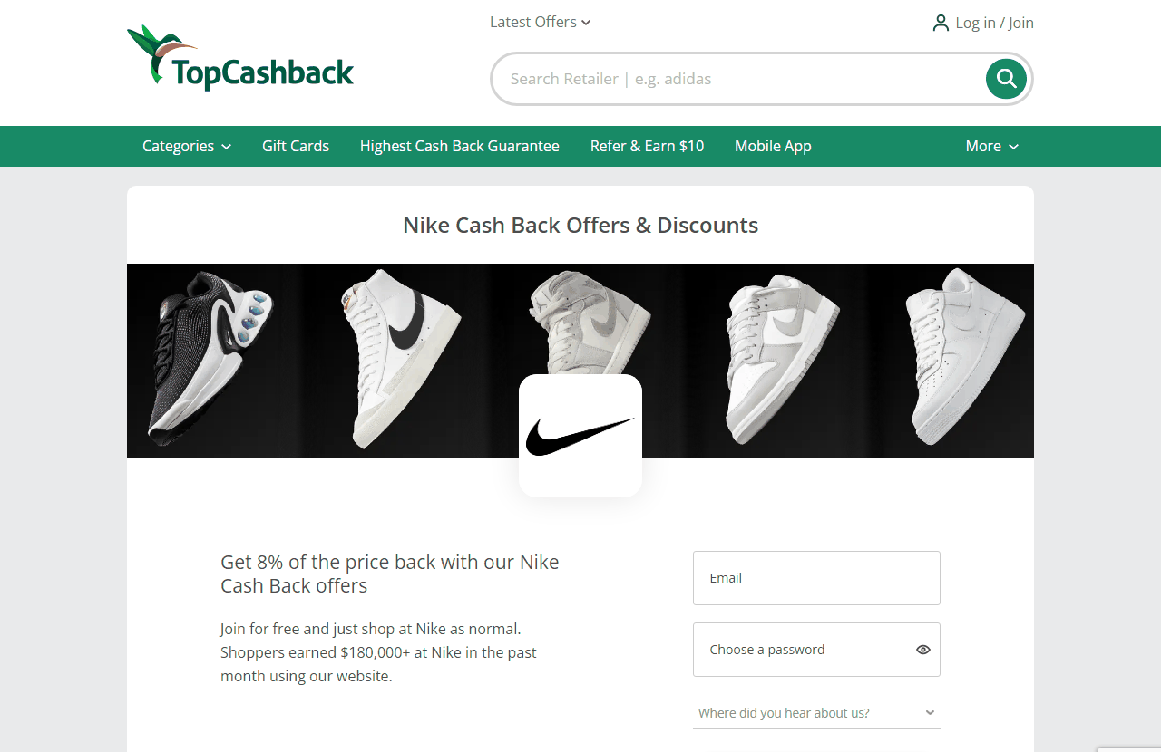TopCashback的Nike返利页面,8%返利比例,上月用户在Nike返了18万美元