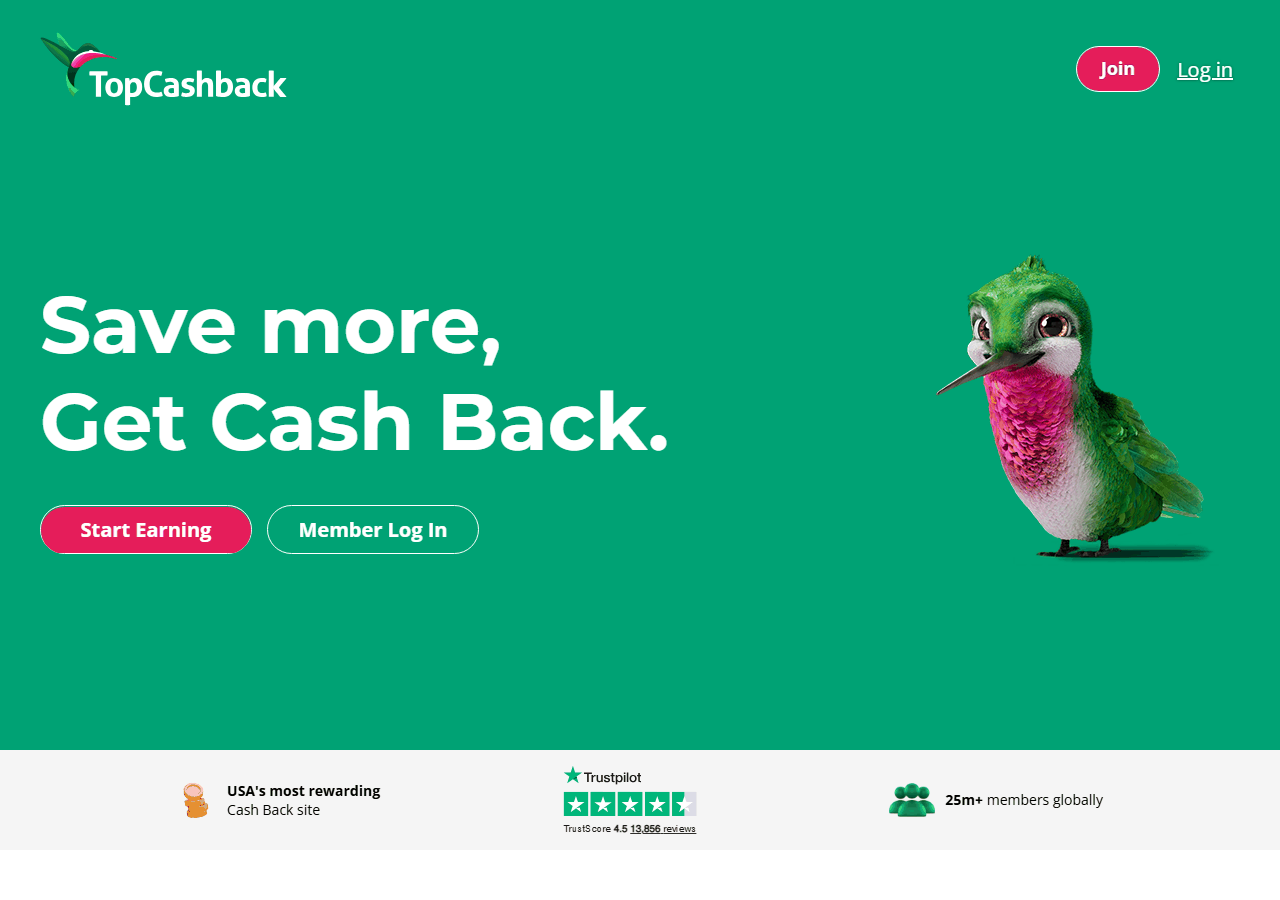TopCashback返利网官网首页,海外返利平台界面,2500万会员