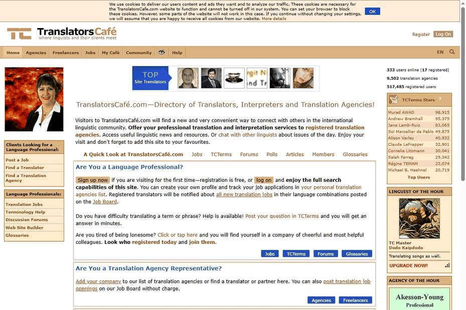 TranslatorsCafe译员社区首页与翻译机构目录页面