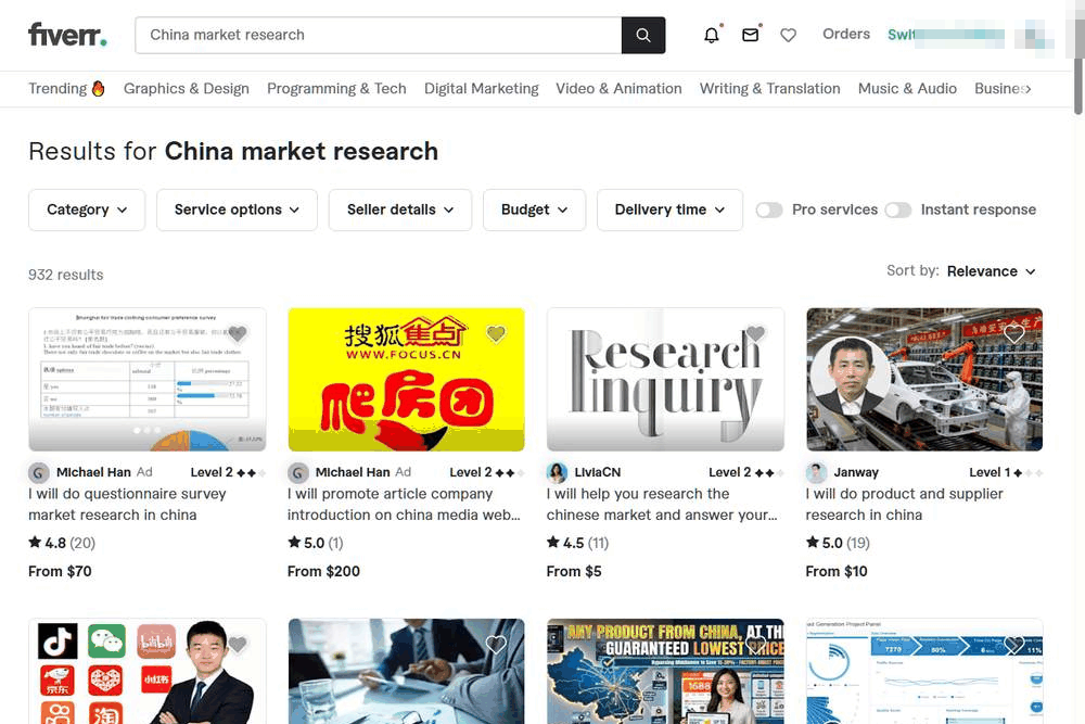 Fiverr平台搜索China market research出来932个在售服务和各家起价