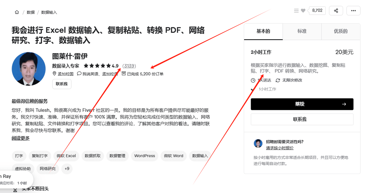 Fiverr上一个Excel数据录入卖家的主页,4.9分3159条评价、已完成5200单,基础档两小时工作20美元
