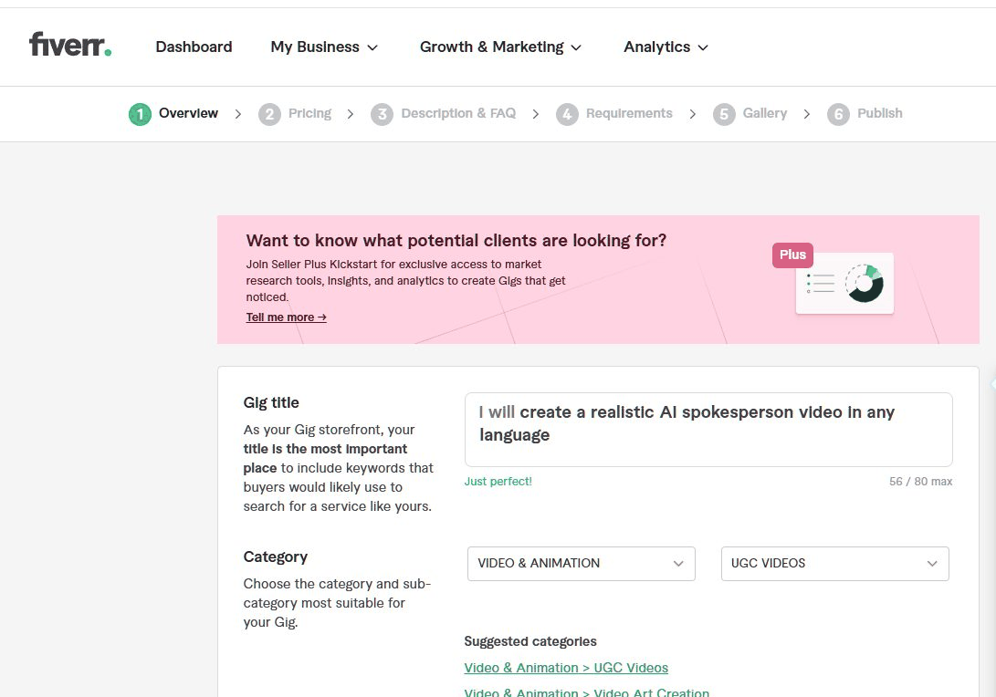 Fiverr卖家后台发布Gig的六步流程页面:Overview填写Gig标题、选择Video & Animation类目和UGC Videos子类目