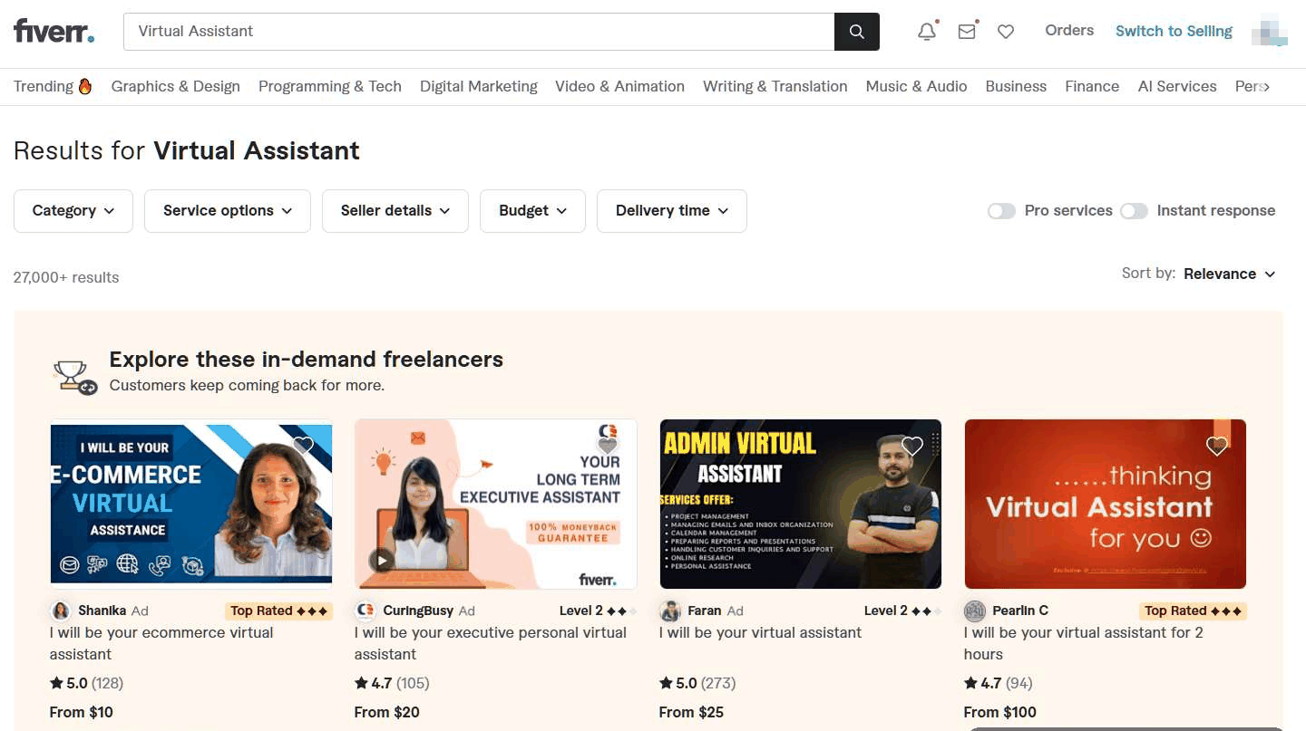 Fiverr上Virtual Assistant虚拟助理服务的搜索结果，起价10到100美元一单