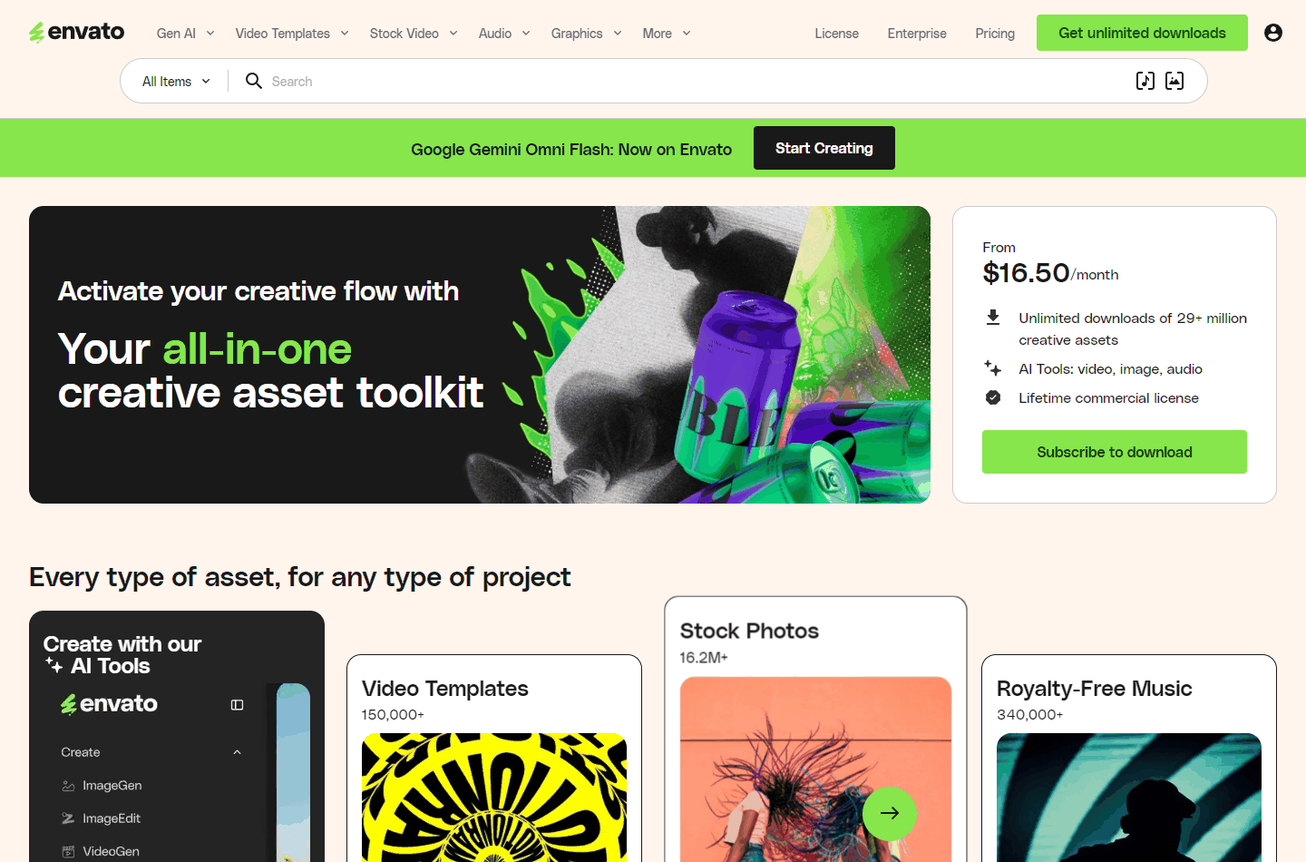 Envato Elements订阅页面,每月16.5美金无限下载2500万素材
