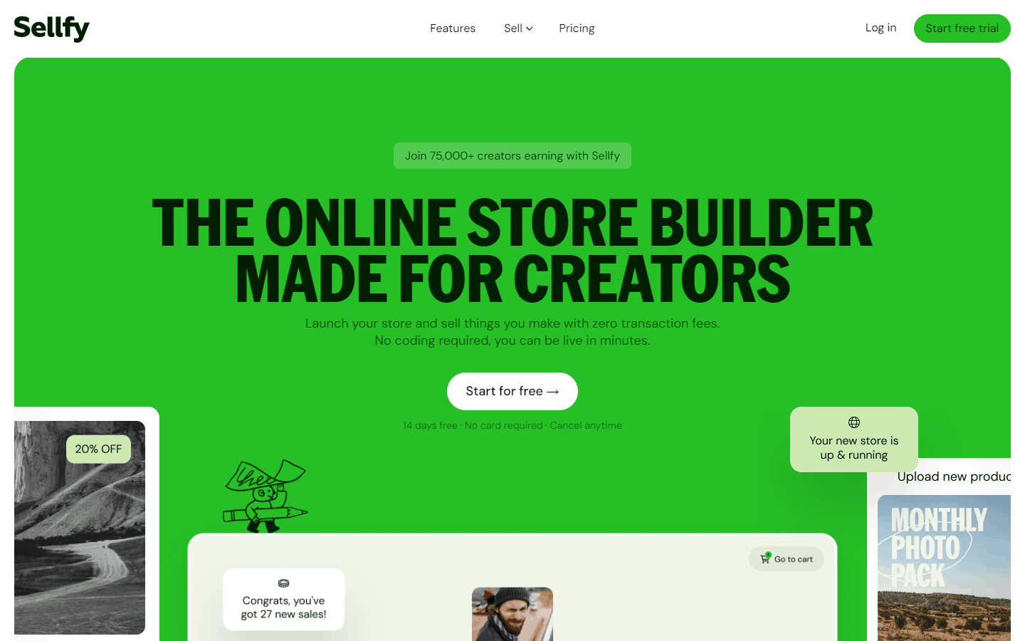 Sellfy在线店铺工具首页,创作者卖虚拟产品的独立店