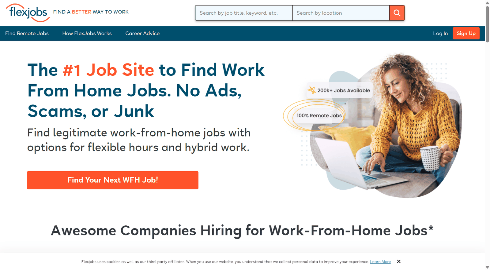 FlexJobs首页,自称找居家工作的头号求职网站,没有广告没有诈骗信息,有20万以上岗位