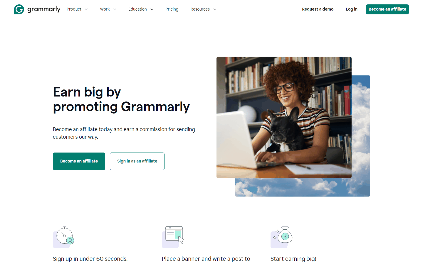 Grammarly联盟推广计划页面,写明推荐用户即可拿佣金,注册流程只需三步