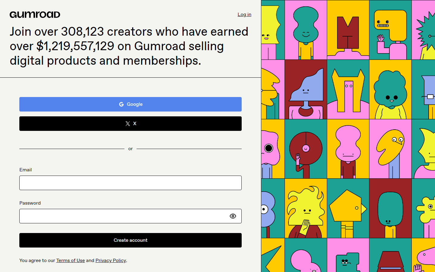 Gumroad注册页面,写着已有30.8万创作者在平台上赚到超过12.19亿美元
