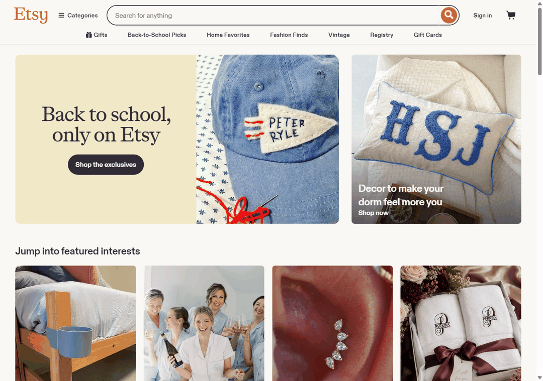 Etsy开店首页,手工和数字产品的海外电商平台界面