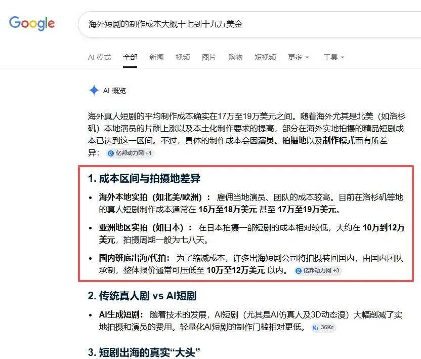 搜索引擎给出的海外短剧制作成本区间