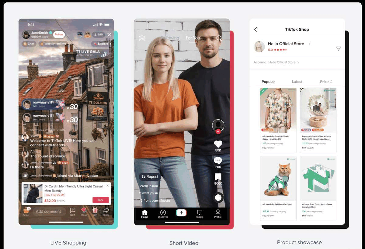 TikTok Shop直播短视频商品橱窗三种带货形态界面