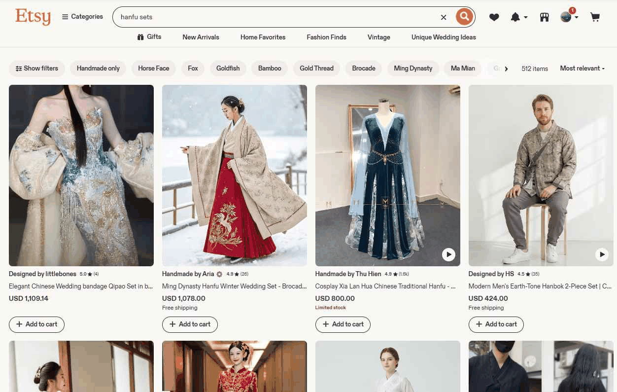 Etsy搜索hanfu sets结果页，512件商品售价800到1109美金