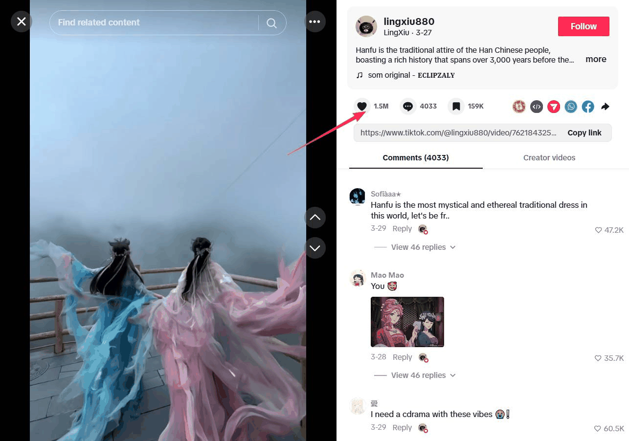 TikTok汉服变装视频获150万点赞，评论区大量老外询问在哪买