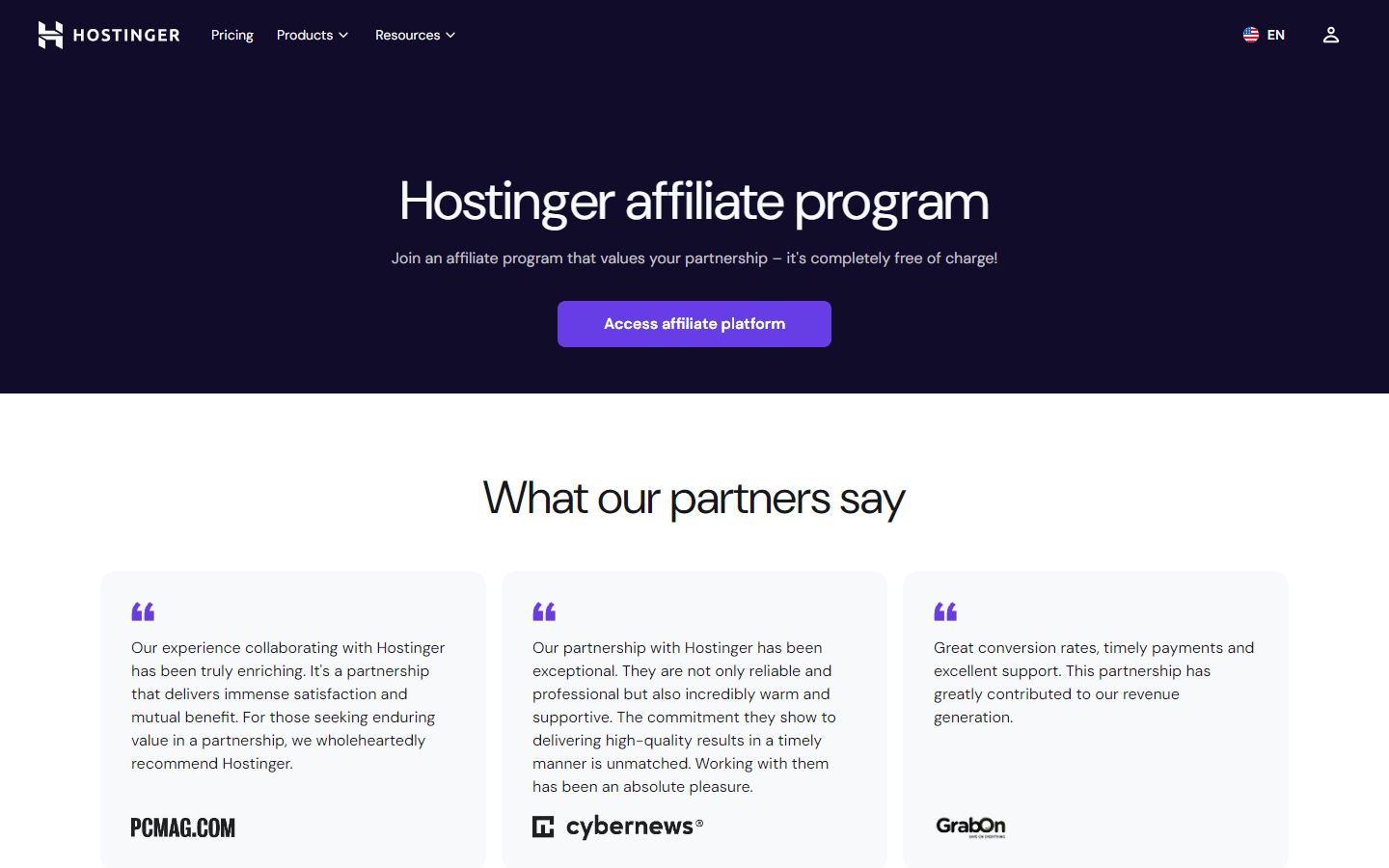 Hostinger主机联盟计划页面,免费加入,页面下方是合作伙伴的真实评价
