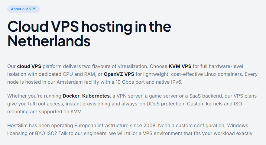 HostSlim产品说明:KVM和OpenVZ两种虚拟化,阿姆斯特丹机房配10Gbps端口