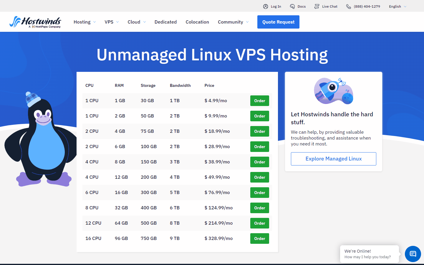 Hostwinds非托管Linux VPS的十档配置和价格