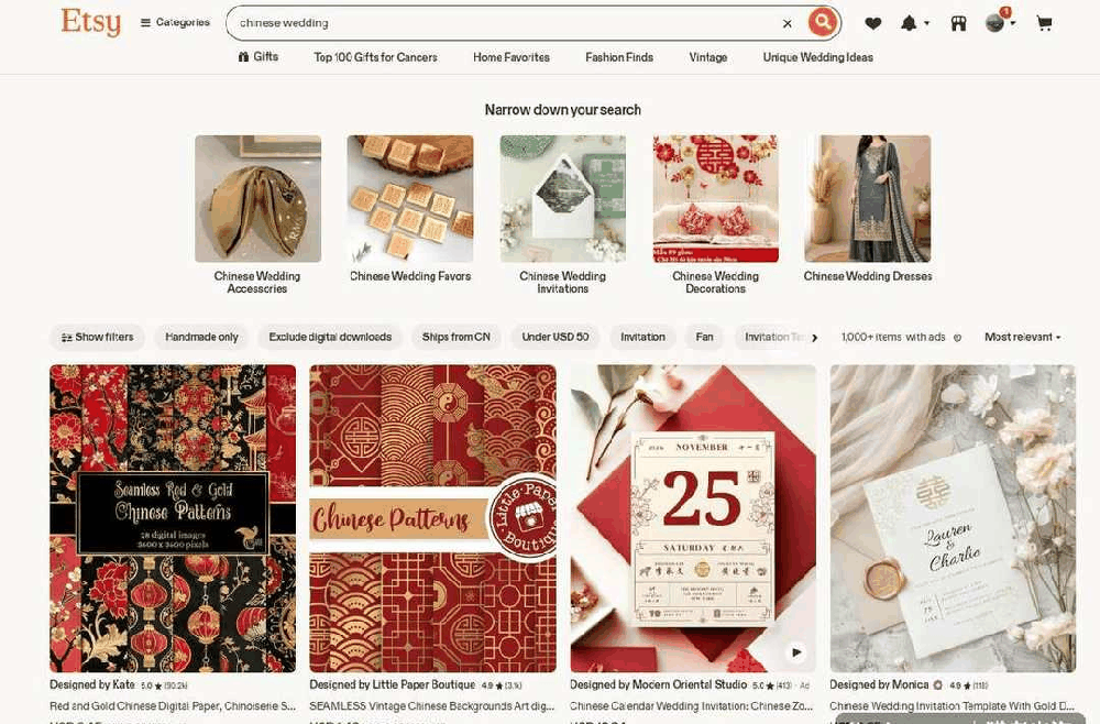 Etsy搜索chinese wedding的结果页，上万个中式请柬装饰和旗袍商品在售