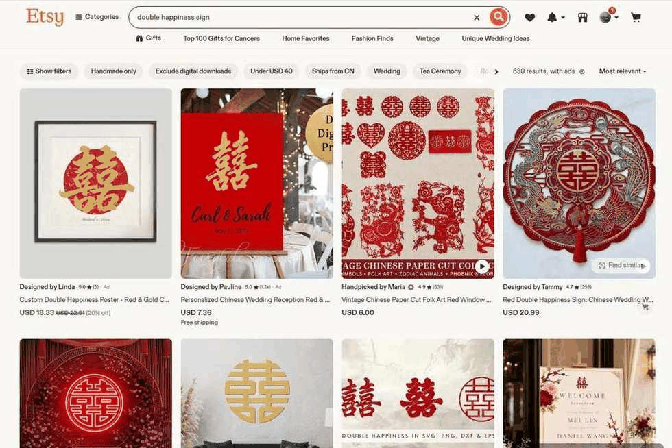 Etsy上double happiness囍字装饰商品，售价18到21美元